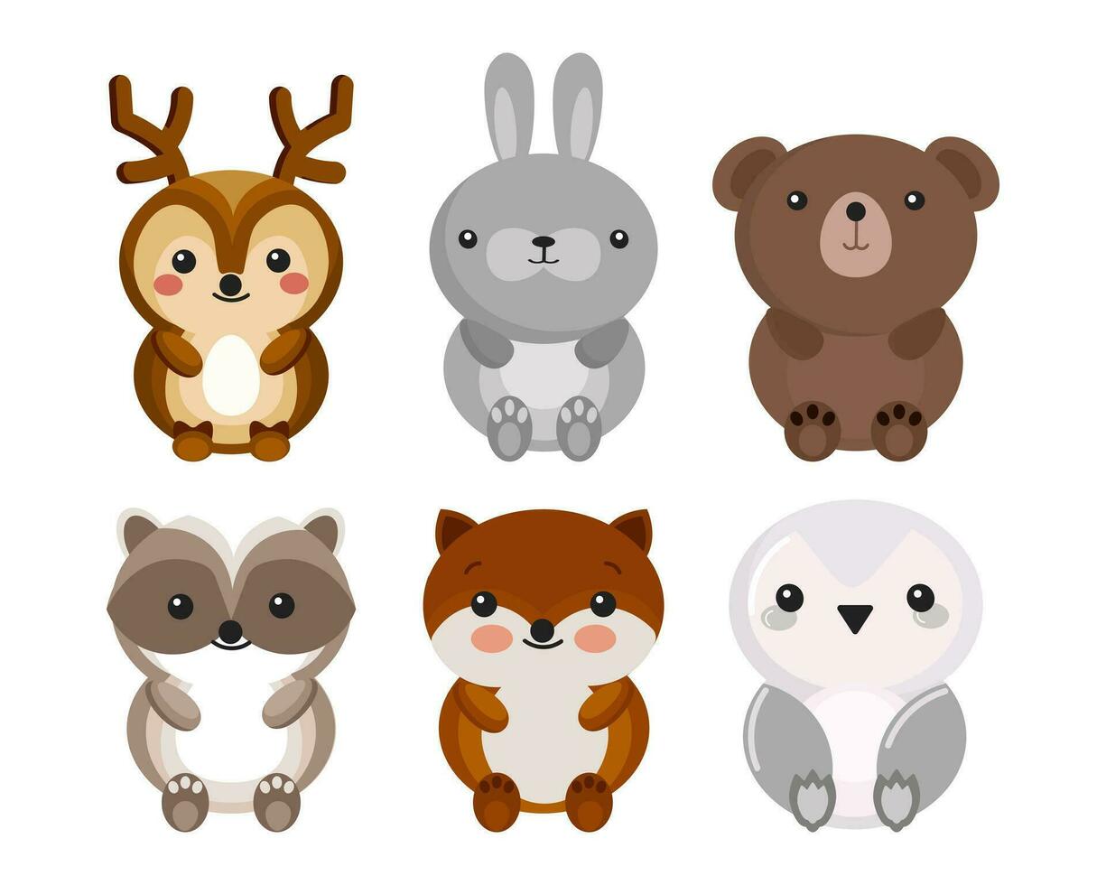 Set of cute animal characters, bear, hare, deer, penguin, badger. Illustration, children's print, postcard, vector