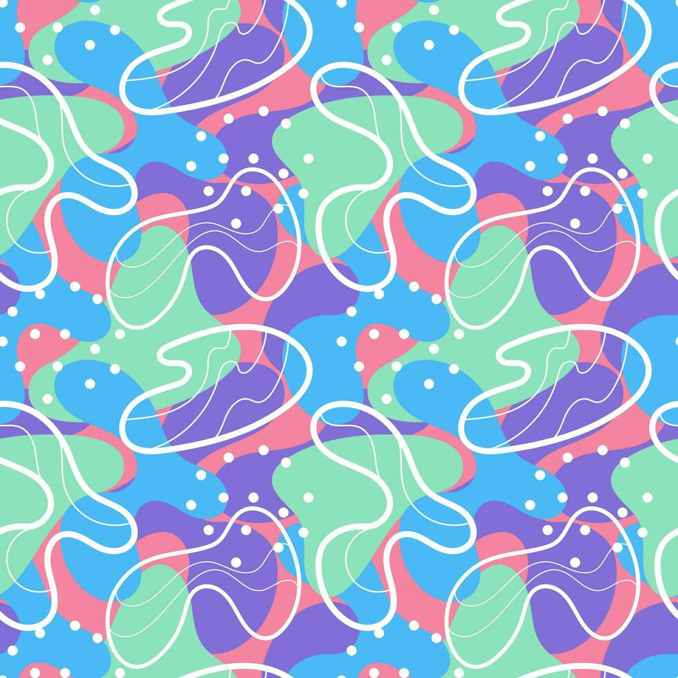 Multicolor abstract seamless pattern, vibrant shapes and geometric dot patterns. Trendy design 80s-90s Memphis style, ethnic hipster background. Vector