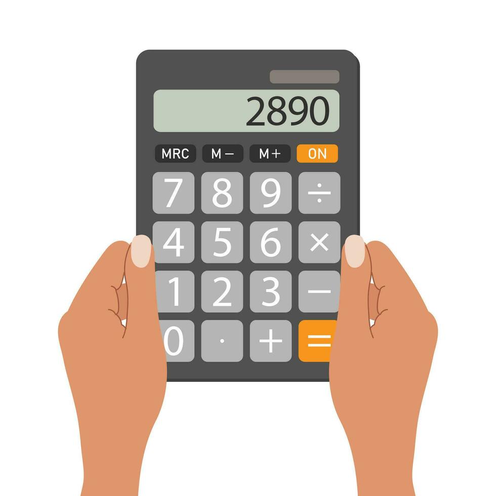 Human hands holding a realistic pocket calculator. Keyboard for business, finance, electronic calculator concept. Electronic counting device. Cartoon illustration. Vector