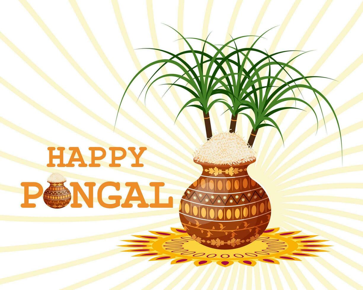 Festive Happy Pongal background with sugar cane and pot of rice. Hindu harvest festival. Illustration, vector