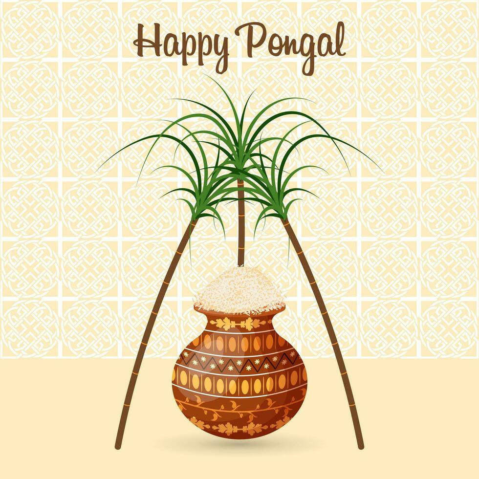 Festive Happy Pongal background with sugar cane and pot of rice. Hindu harvest festival. Illustration, vector