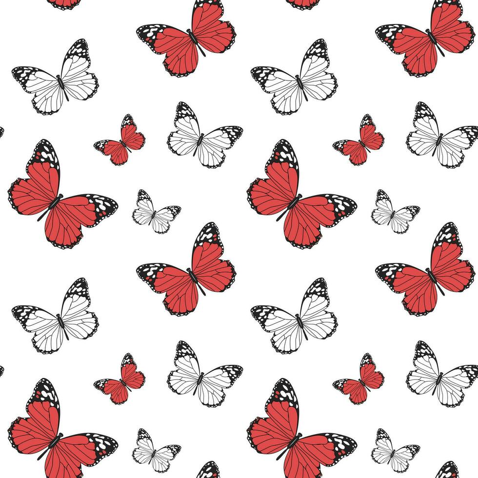 sin costura patrón, rojo mariposas con un negro modelo en un blanco antecedentes. imprimir, fondo, textil, vector