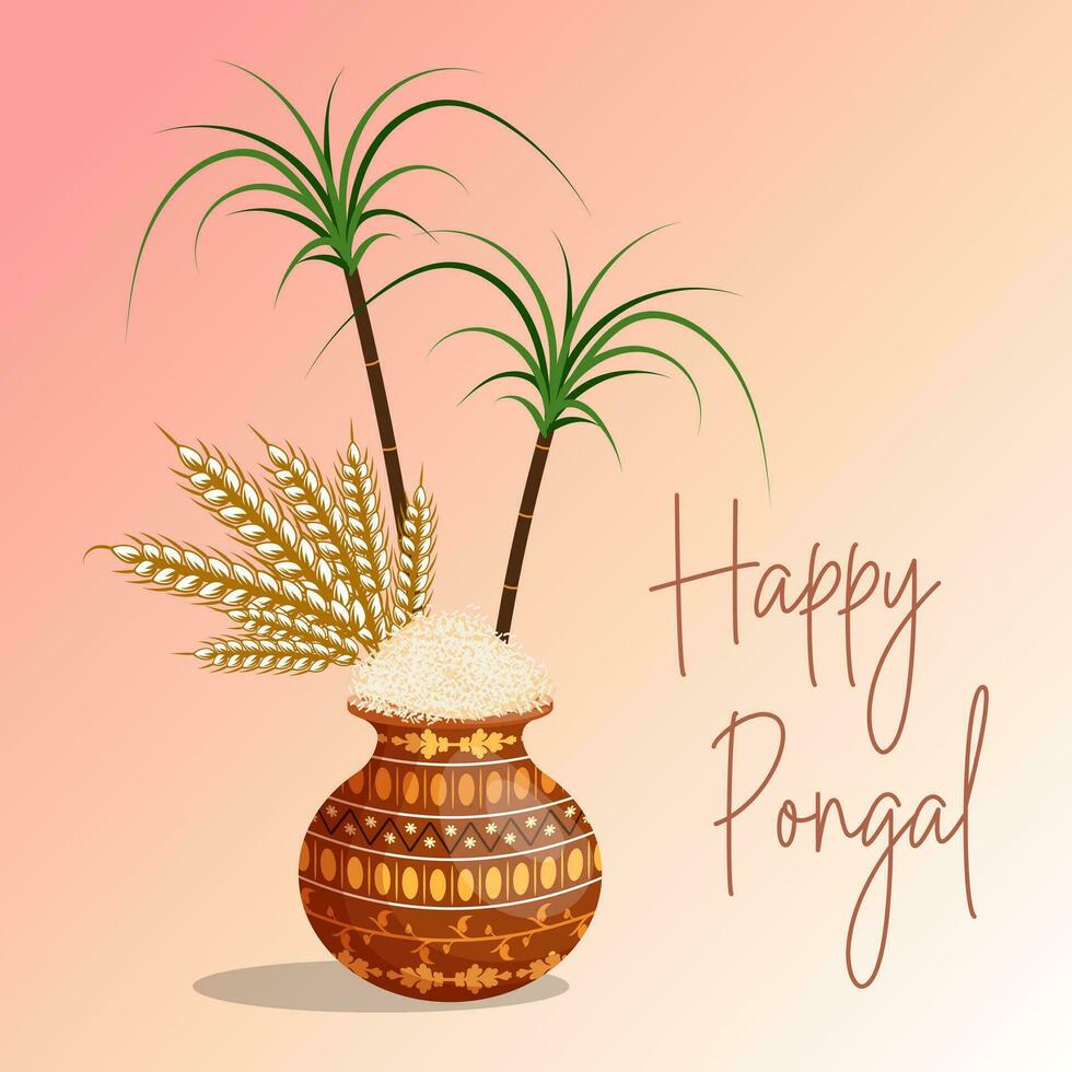 Festive Happy Pongal background with sugar cane and pot of rice. Hindu harvest festival. Illustration, vector