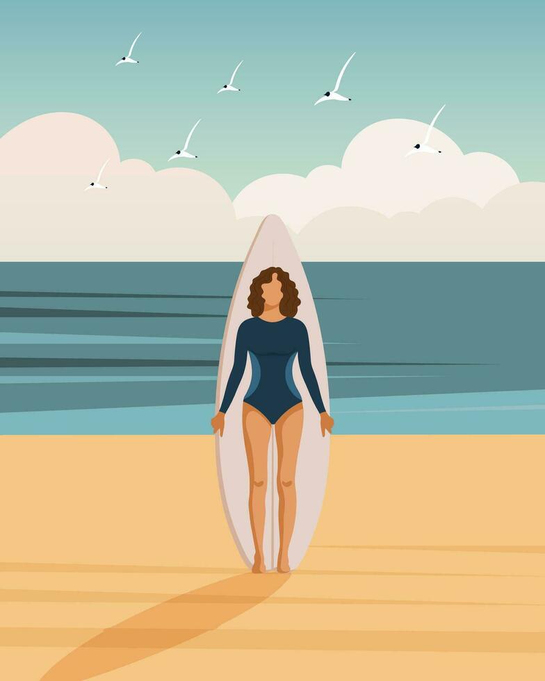 Girl surfer on the seashore with a surfboard against the backdrop of a seascape. Outdoor activities concept, poster, vector