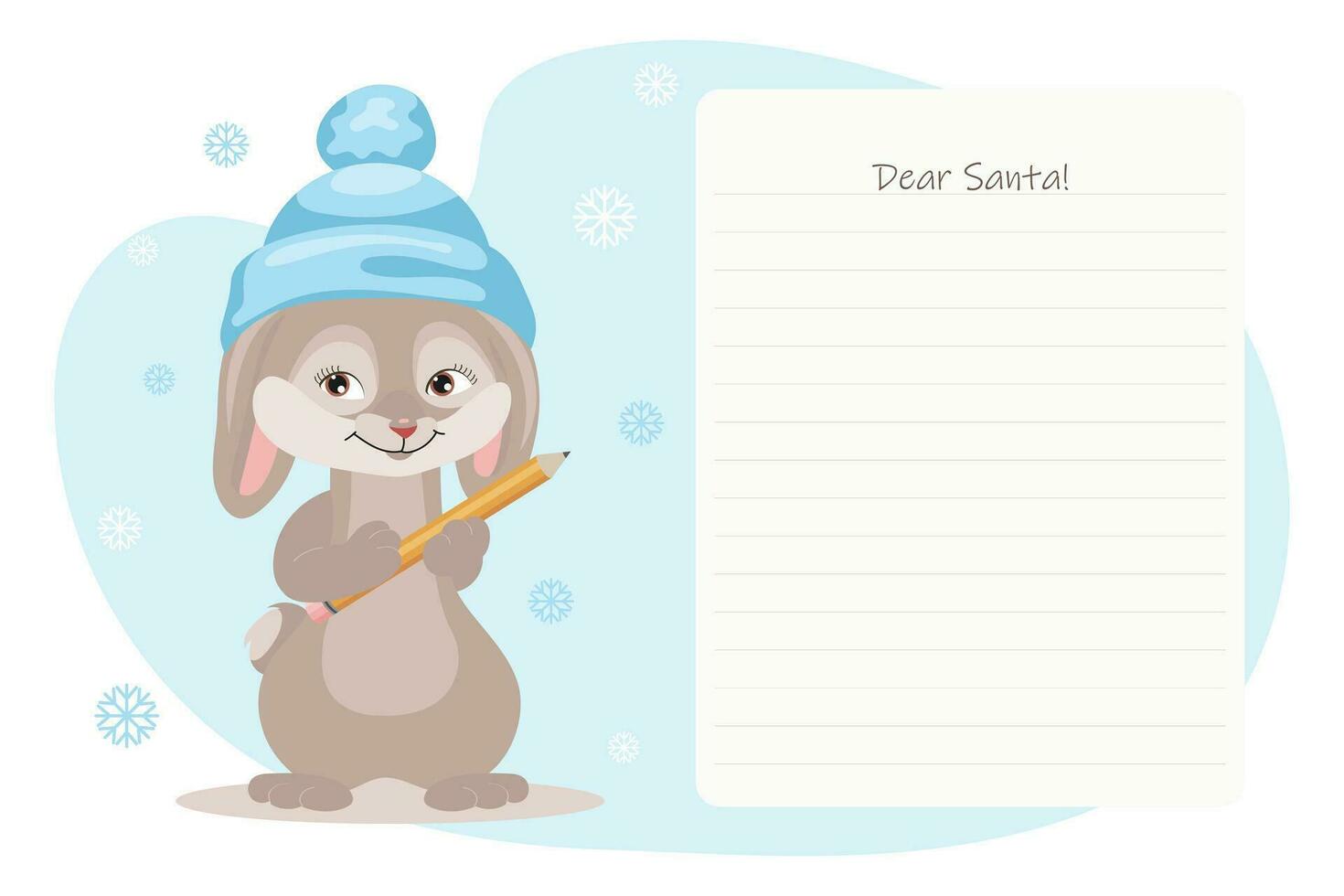 Letter template to Santa. A cute bunny in a hat with a pencil writes a letter to Santa. Cartoon illustration in flat style. Vector