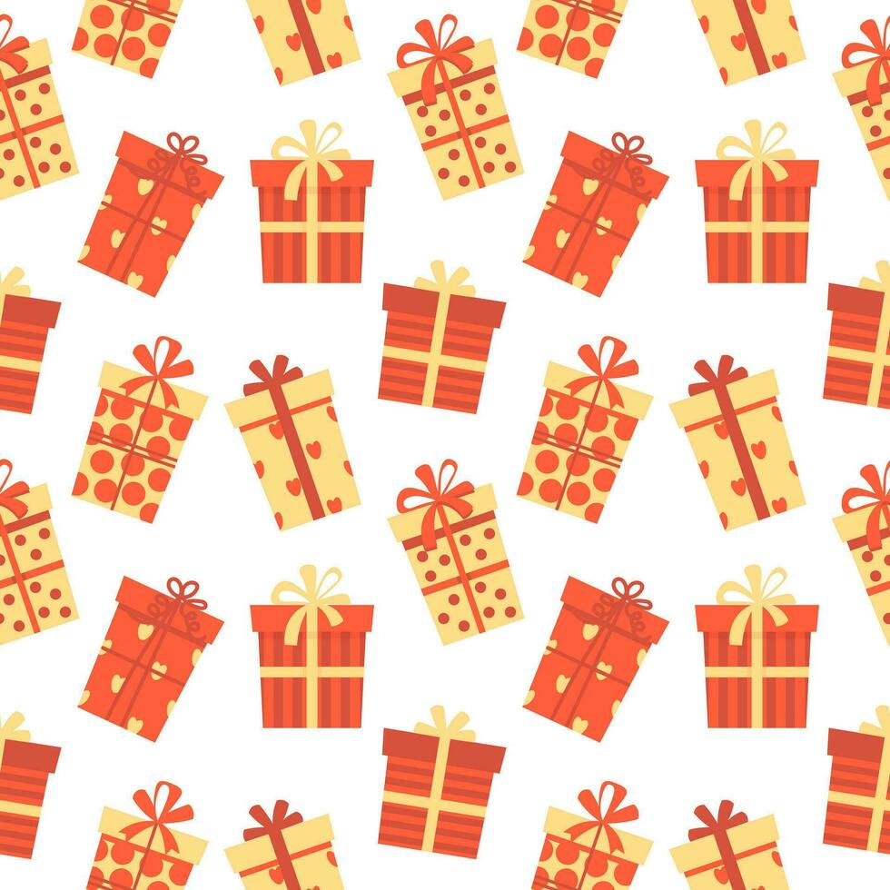 Seamless pattern, beautiful gift boxes with ribbons on a white background. Print, holiday packaging, vector