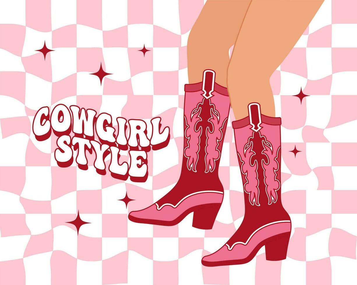 De las mujeres elegante piernas en vaquero botas con un ornamento. rosado occidental vaquera estilo botas y texto en un retro antecedentes. ilustración. vector