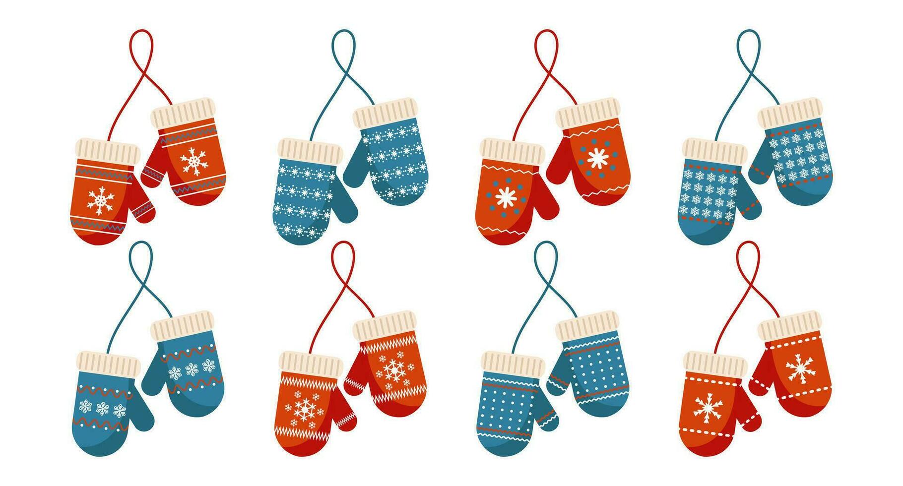 Set of mittens with snowflake ornament. Print, Christmas decor elements, vector