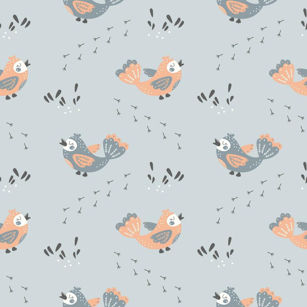 sin costura patrón, linda dibujos animados rosado aves y pata huellas dactilares en un gris antecedentes. imprimir, textil, vector