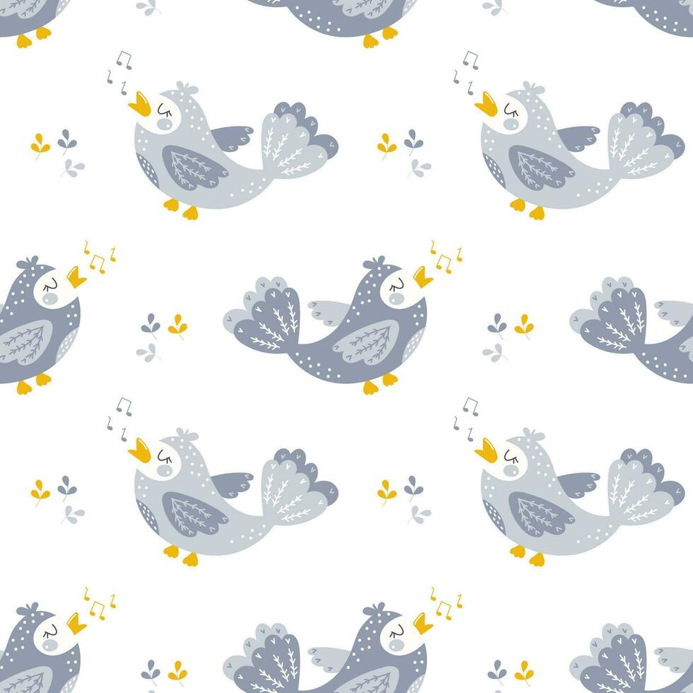 Seamless pattern, cute small gray birds on a white background. Print, textile, vector