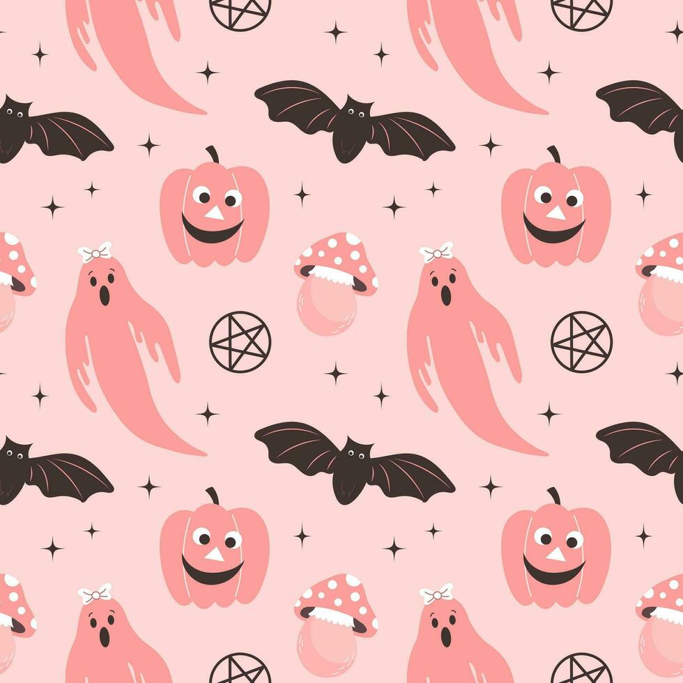 Halloween pink children's background. Seamless pattern with cute Halloween elements, ghosts, pumpkins, bats and mushrooms. Cartoon design in flat style. vector
