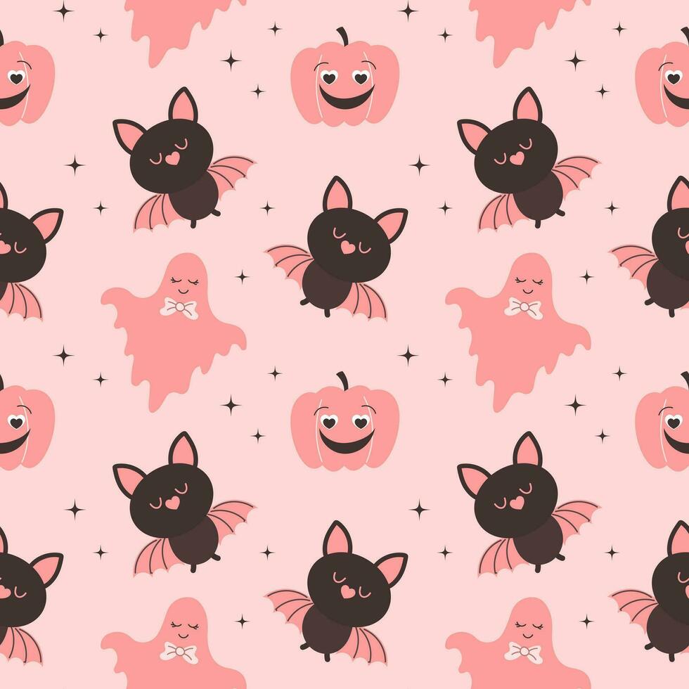 Halloween pink children's background. Seamless pattern with cute Halloween elements, ghosts, pumpkins, bats and mushrooms. Cartoon design in flat style. vector