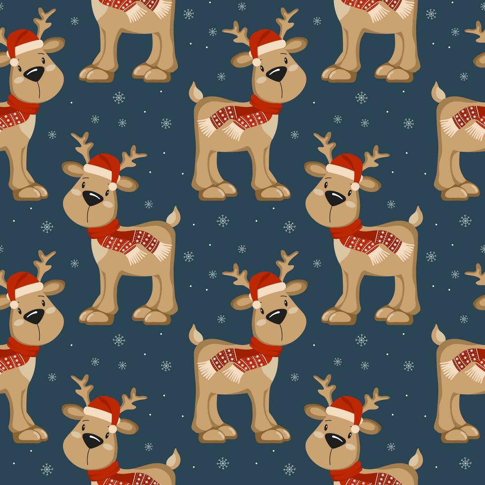 Seamless pattern, cute cartoon Christmas reindeer in Santa hats on a blue background with snowflakes. Print, textile, vector