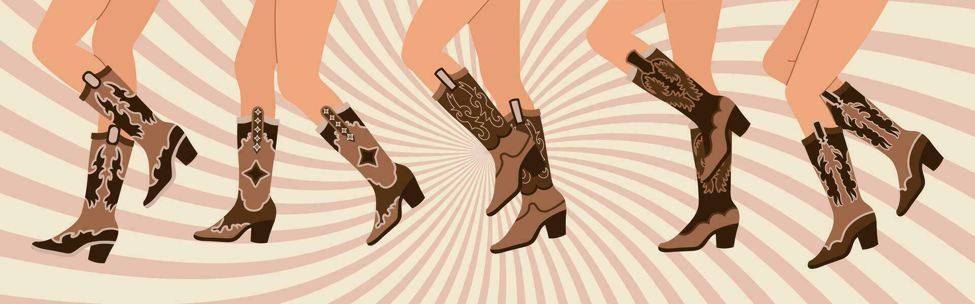 Set of legs in cowboy boots. Various cowgirl boots. Cowboy western theme, wild west, texas. Hand drawn color trendy illustration, vector