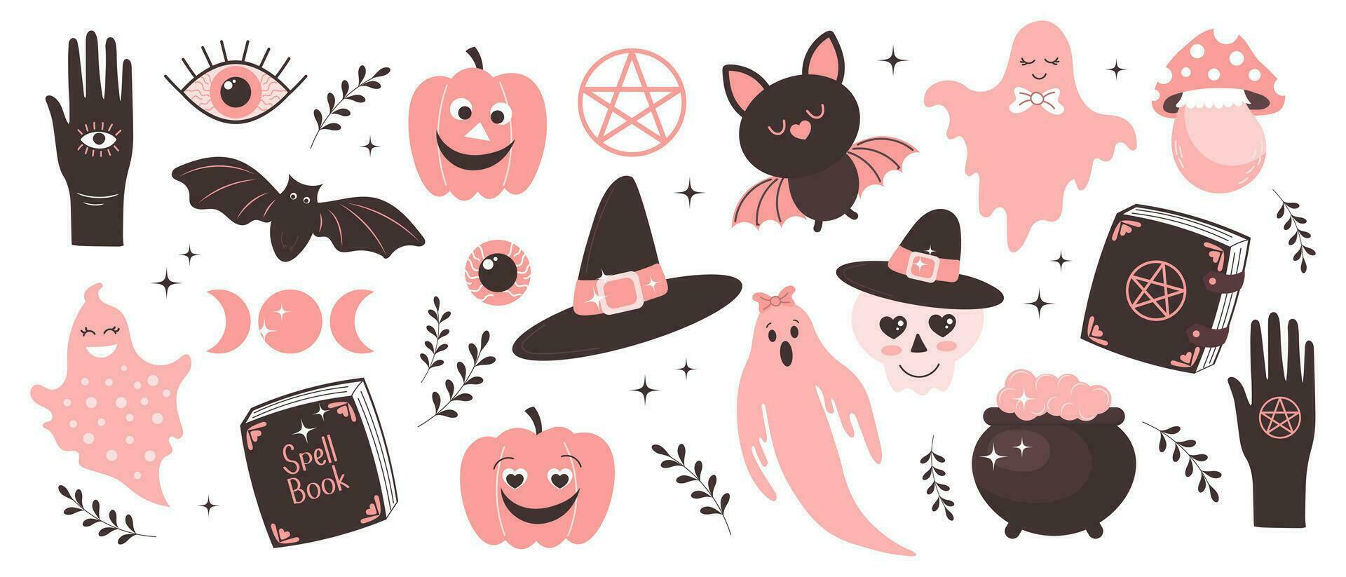 Halloween set with pink elements. Halloween stickers, hand, ghosts, bats, magic pot, moon, pumpkins, eye, spell book and skull. Cartoon design in flat style. Vector