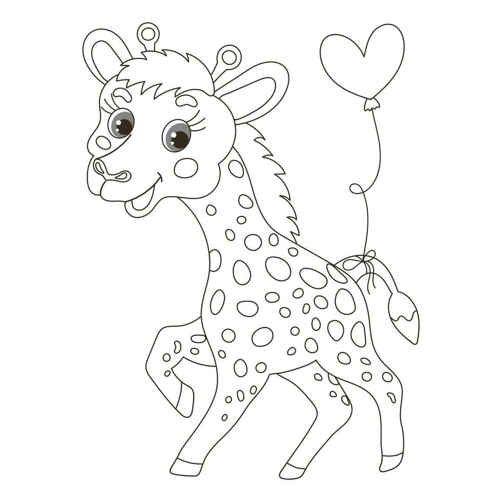 Cute cartoon little baby giraffe character with a balloon on his tail. Sketch, outline drawing for a coloring book. Vector