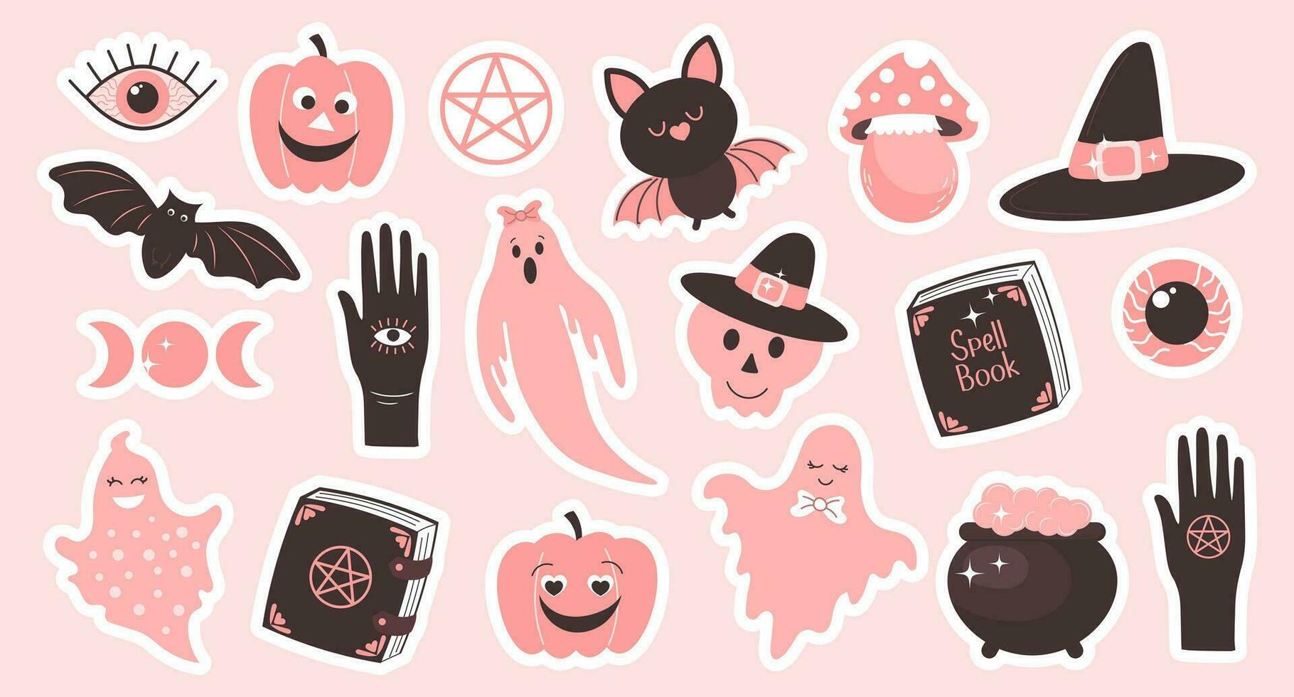 Halloween set with pink elements. Halloween stickers, hand, ghosts, bats, magic pot, moon, pumpkins, eye, spell book and skull. Cartoon design in flat style. Vector