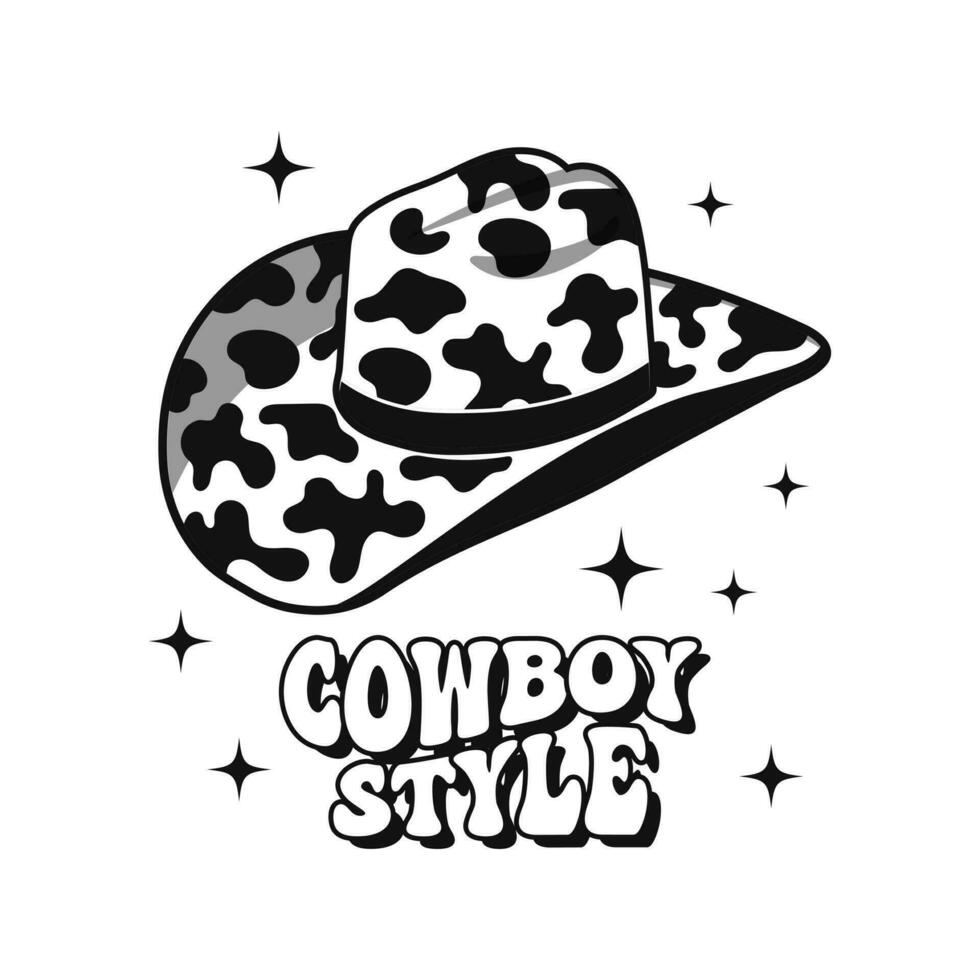 Black and white cowboy hat with cow print. Western cowboy hat and cowboy style text. Illustration. Vector