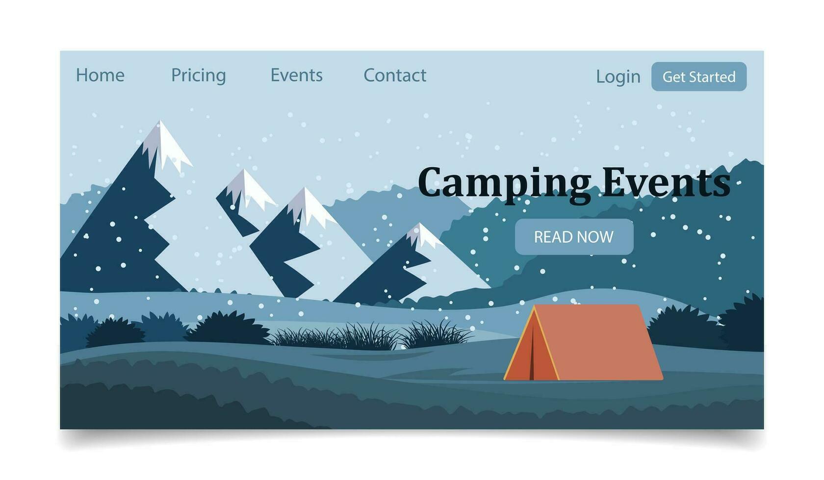 Camping events. Tourist tent against the backdrop of a mountain landscape. Banner, template, landing page. Illustration, vector