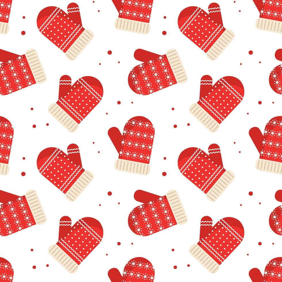 Seamless pattern, winter red christmas mittens with snowflake ornament. Background, print, vector