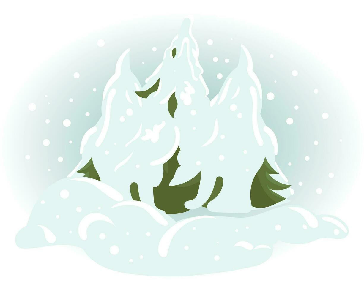 Winter landscape, snow-covered spruce forest. Illustration, postcard Happy New Year, vector