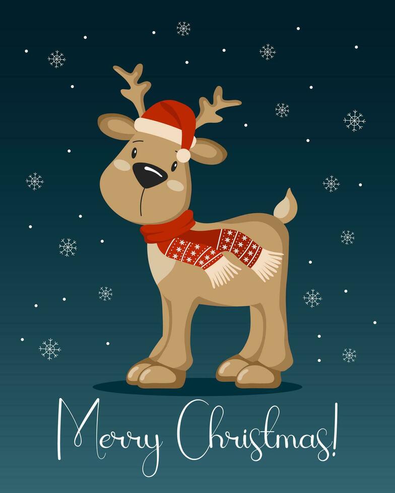 Christmas cartoon deer in a scarf and a Santa hat on a blue background of snowflakes. Christmas card, print, vector