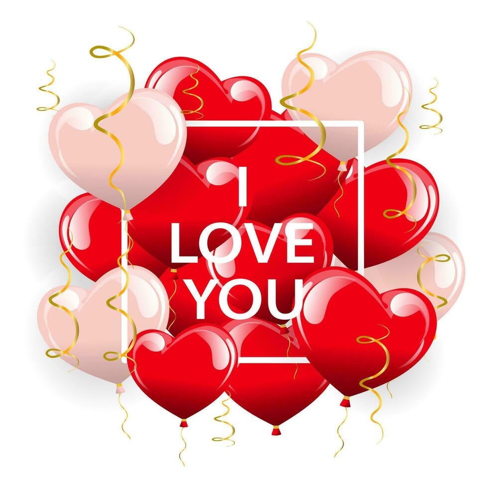 Festive banner, red and pink heart balloons and golden serpentines. Postcard I love you, poster, 3d illustration, vector