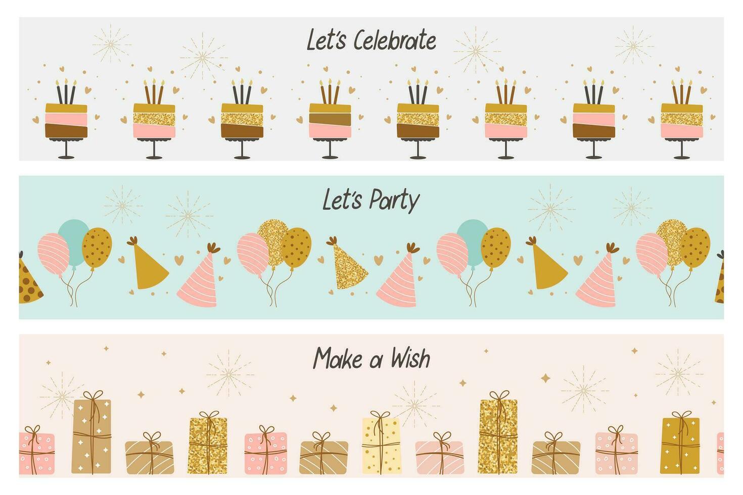 Happy birthday banners template set. Seamless borders. Cakes, balloons, gifts and party hats with calligraphy. Festive backgrounds in a simple style. Vector