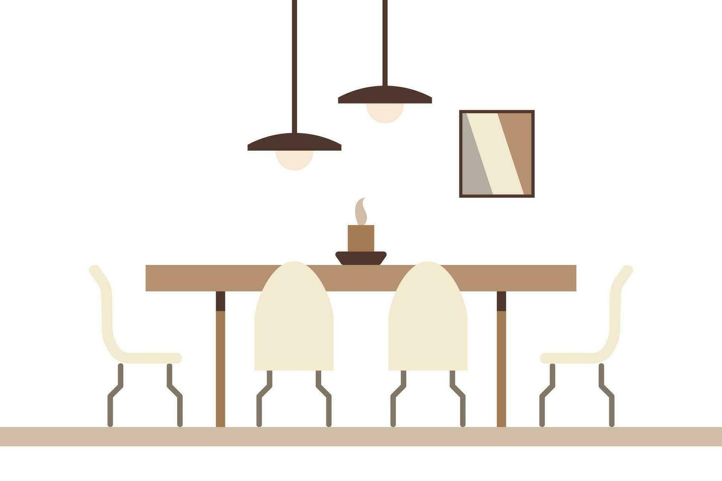 Dining table in the kitchen with chairs, a candle on the table, a poster on the wall and modern lamps in lampshades. Flat interior in minimal style, vector