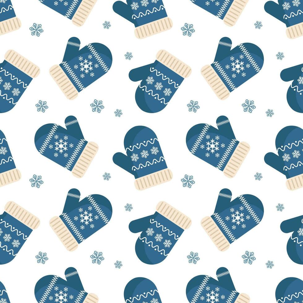 Seamless pattern, winter blue christmas mittens with snowflake ornament. Background, print, vector