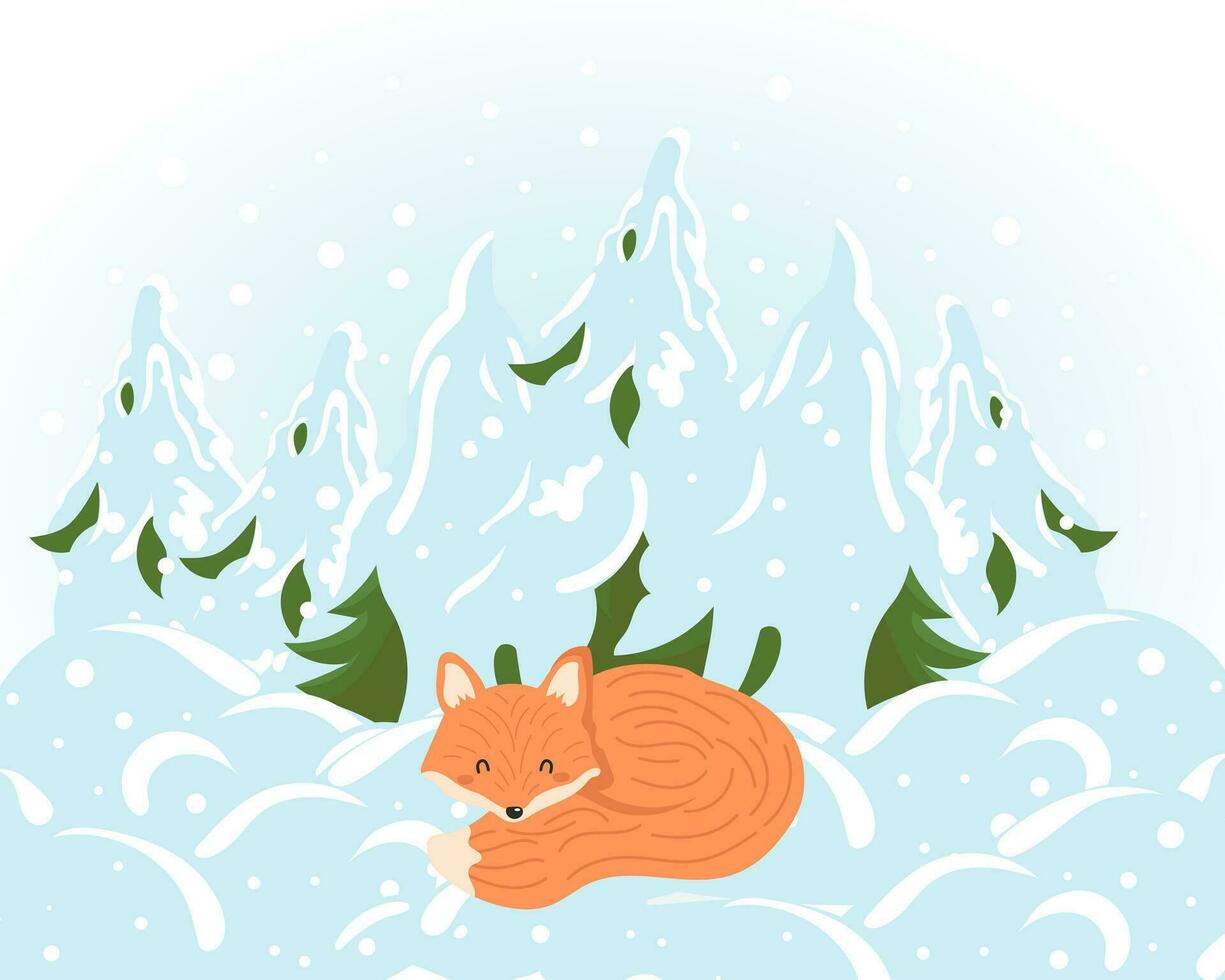 A cute sleeping fox in the background of a winter snowy forest. Illustration, children's print, vector