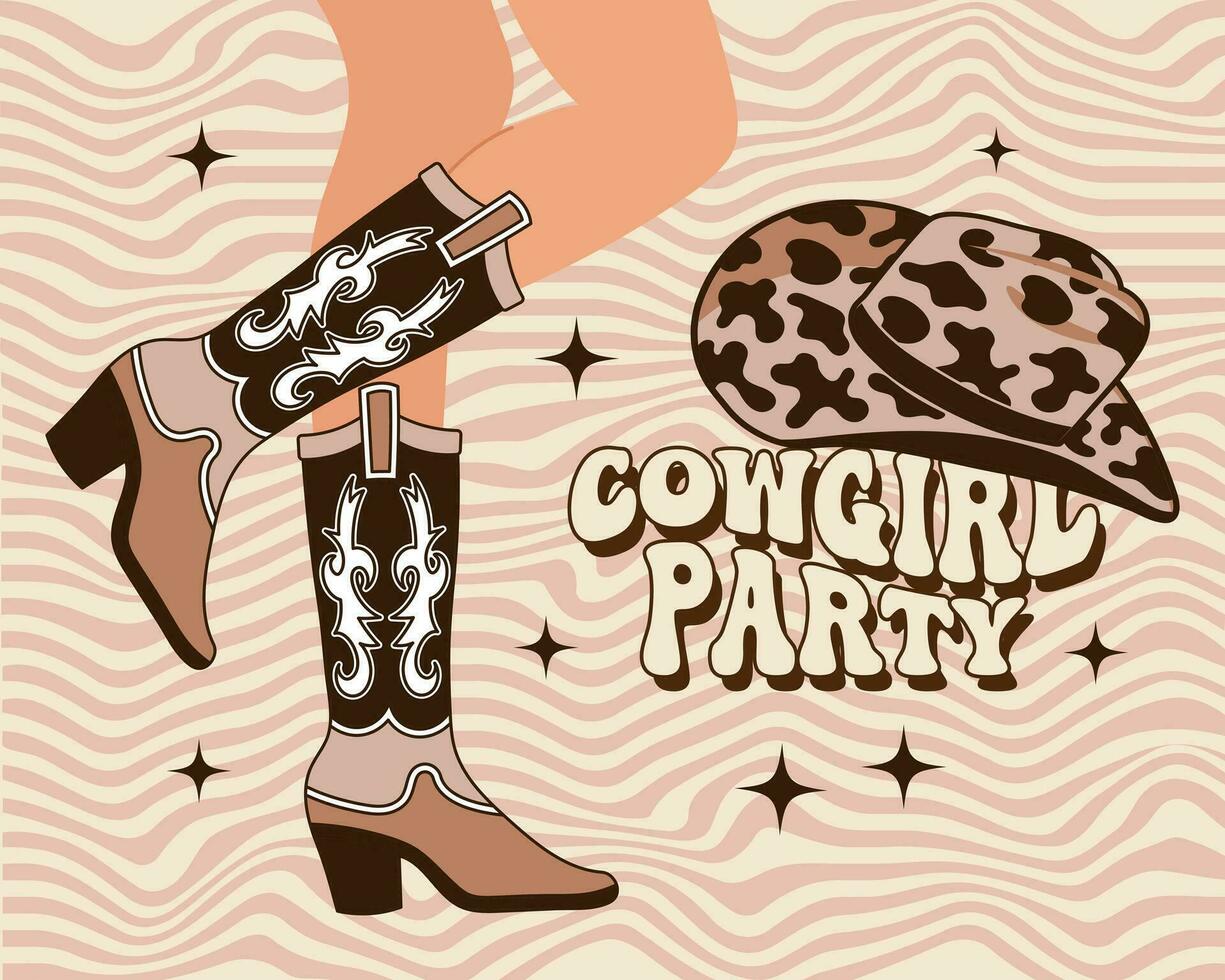 Woman's legs in cowboy boots with an ornament and a cowboy hat. Brown Western Cowgirl style boots and Cowgirl party text on a retro background. Vector