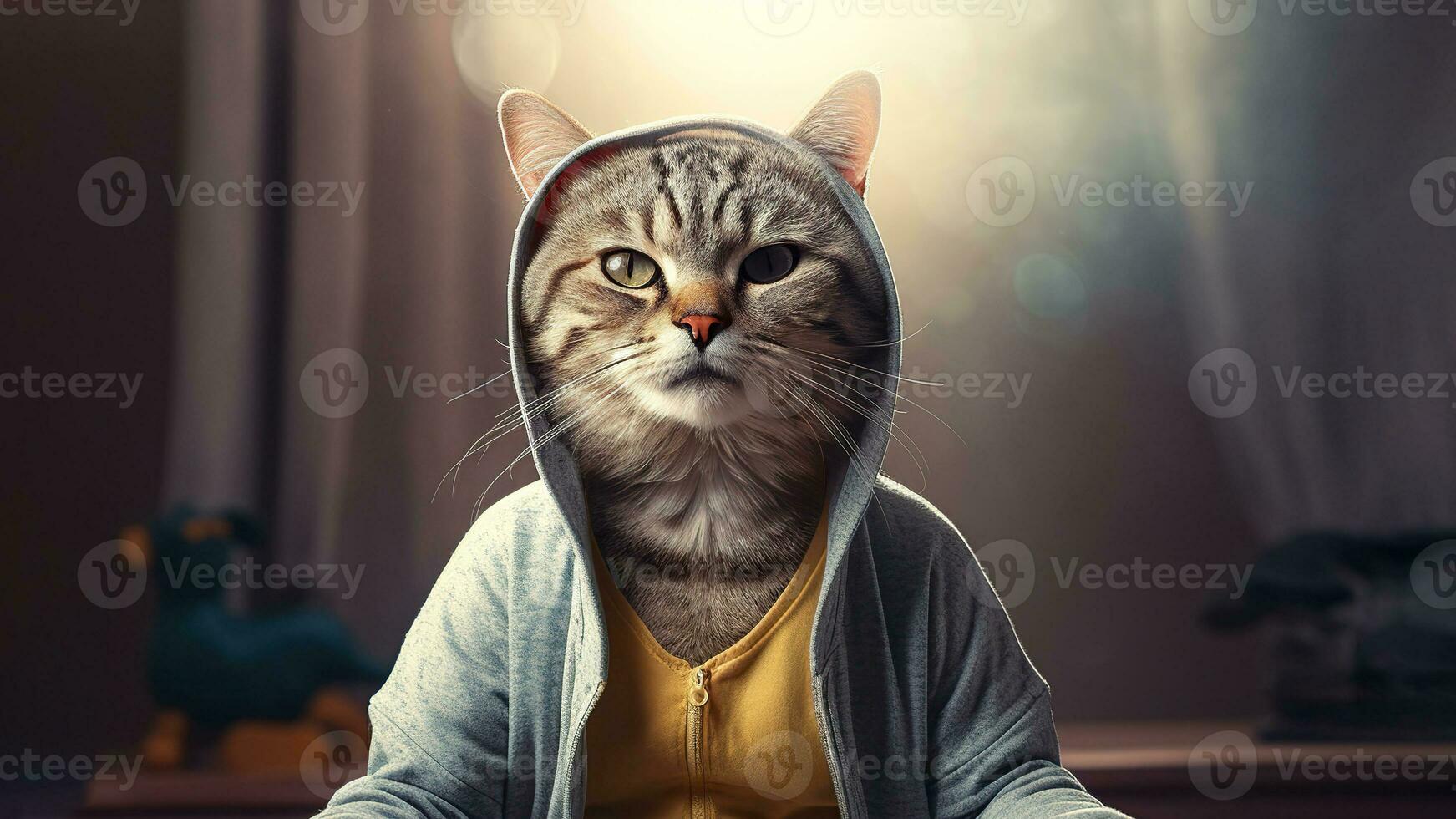 Stylish cat in a hood. Portrait of a cat in a hood on a dark background. Cat in yoga clothes balance concept. Domestic gray cat on a blurred background. AI-Generated photo
