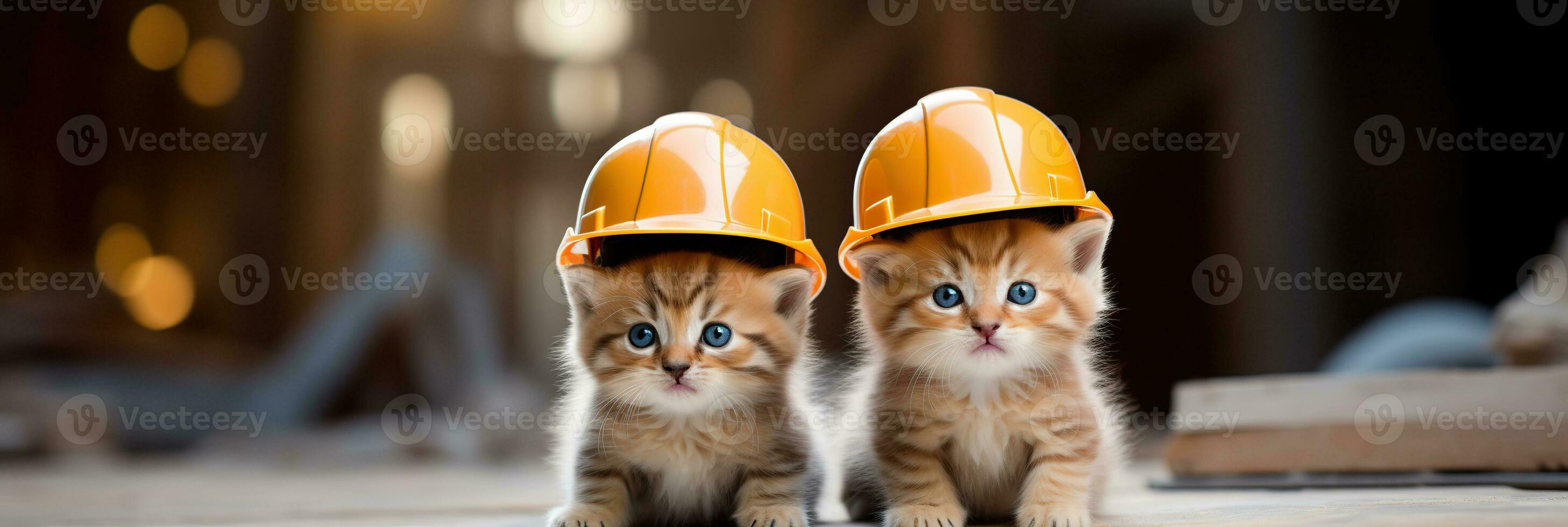 dos gatitos en naranja cascos rojo gatitos con azul ojos - de cerca en contra un borroso antecedentes de un construcción sitio. ai generado foto