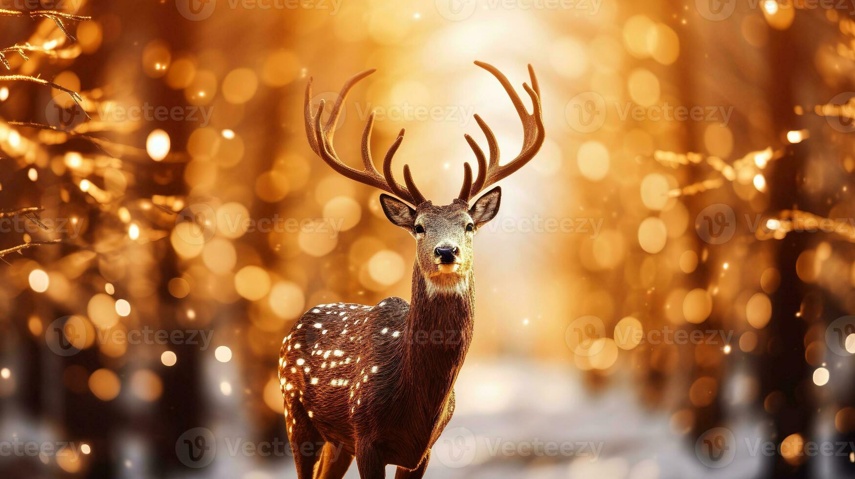 Realistic beautiful deer in magic forest with sparkling lights. Deer in the winter forest. AI Generated photo