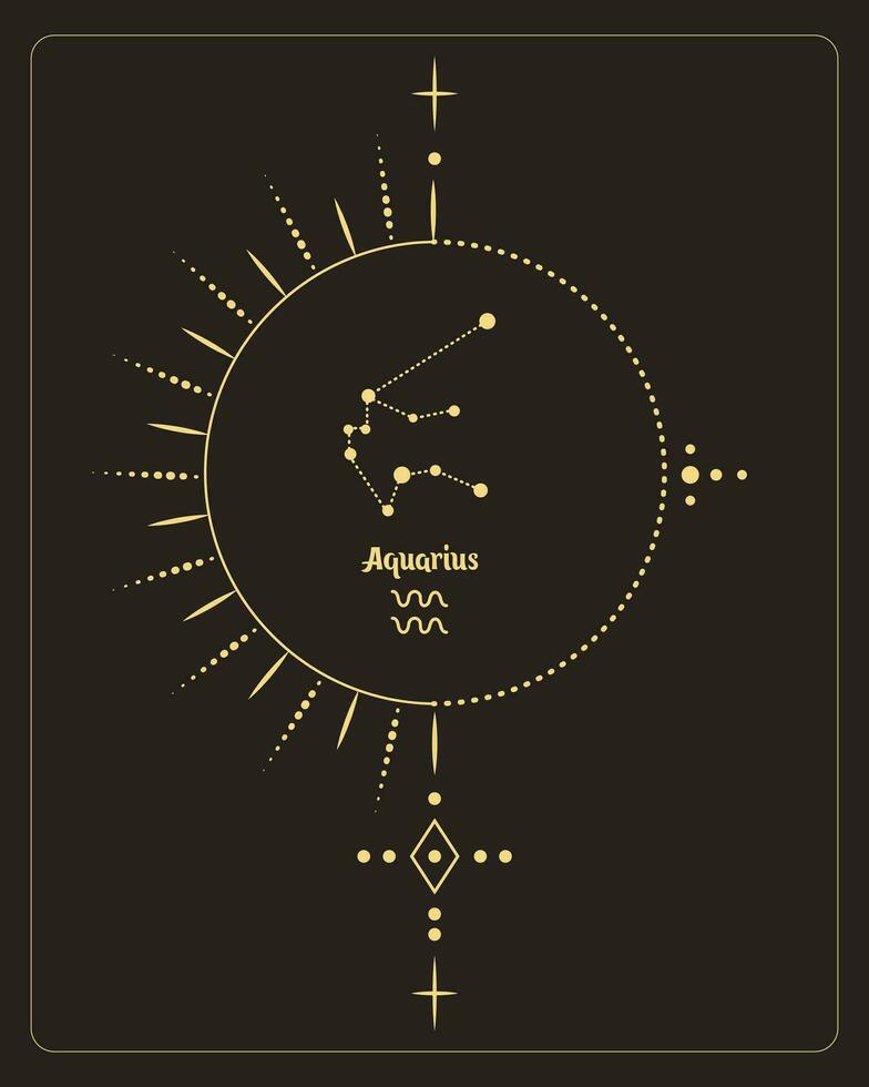 Magic astrology poster with Aquarius constellation, tarot card. Golden design on a black background. Vertical illustration, vector