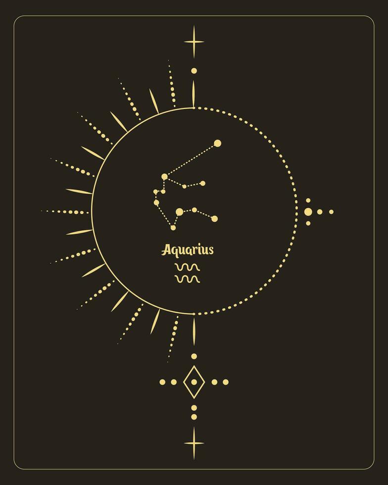 cartel de astrología mágica con constelación de acuario, carta de tarot. diseño dorado sobre fondo negro. ilustración vertical, vector