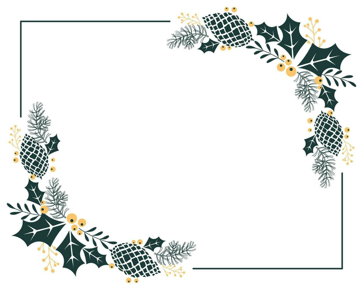 Christmas frame from pine branch, red berries and holly leaves on a white background. Illustration for text, vector