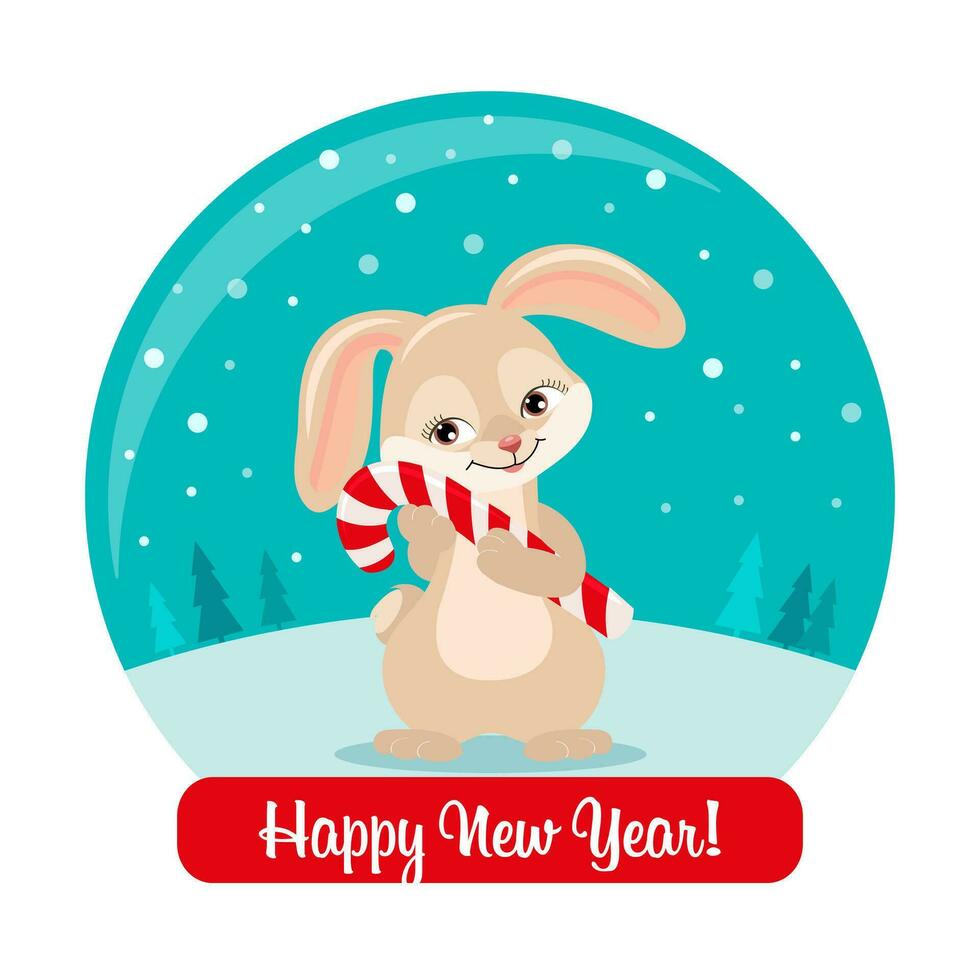 Cute bunny rabbit in a Christmas glass ball and congratulatory text. New Year's gift, present, postcard, vector