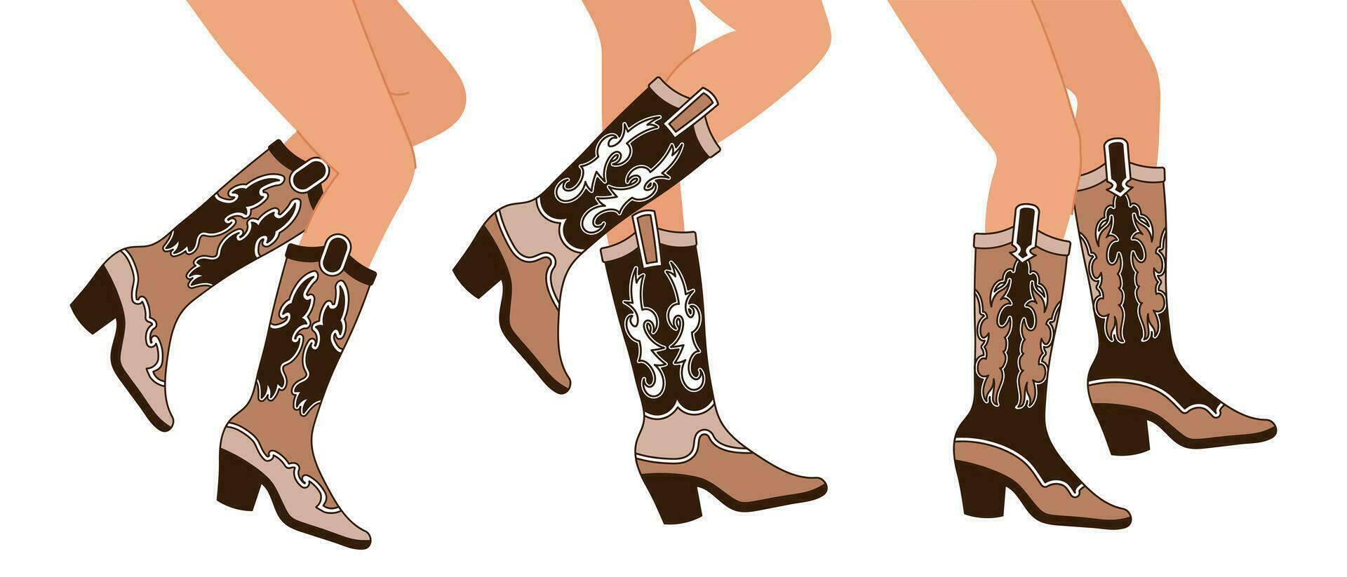 conjunto de piernas en vaquero botas. varios vaquera botas. vaquero occidental tema, salvaje Oeste, Texas. mano dibujado color de moda ilustración, vector