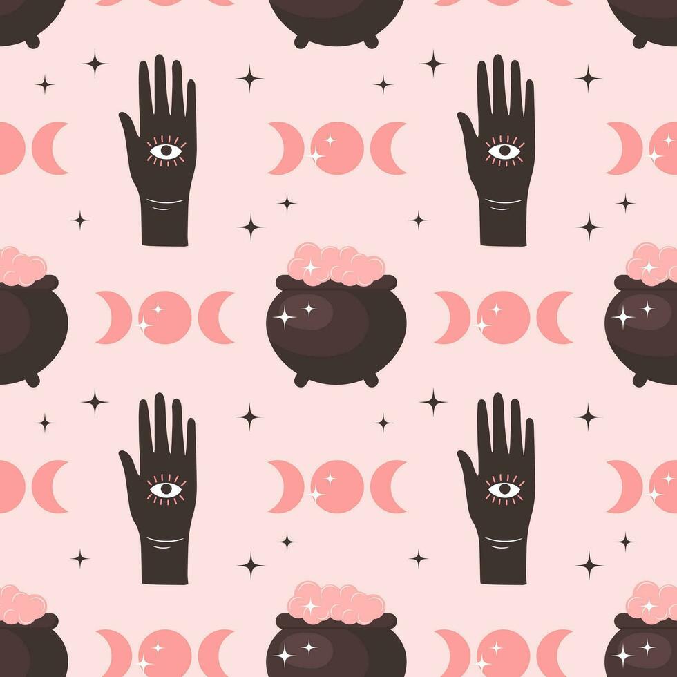 Halloween pink children's background. Occult seamless pattern with cute Halloween elements, magic pots, hands with eyes and moon. Cartoon design in flat style. vector