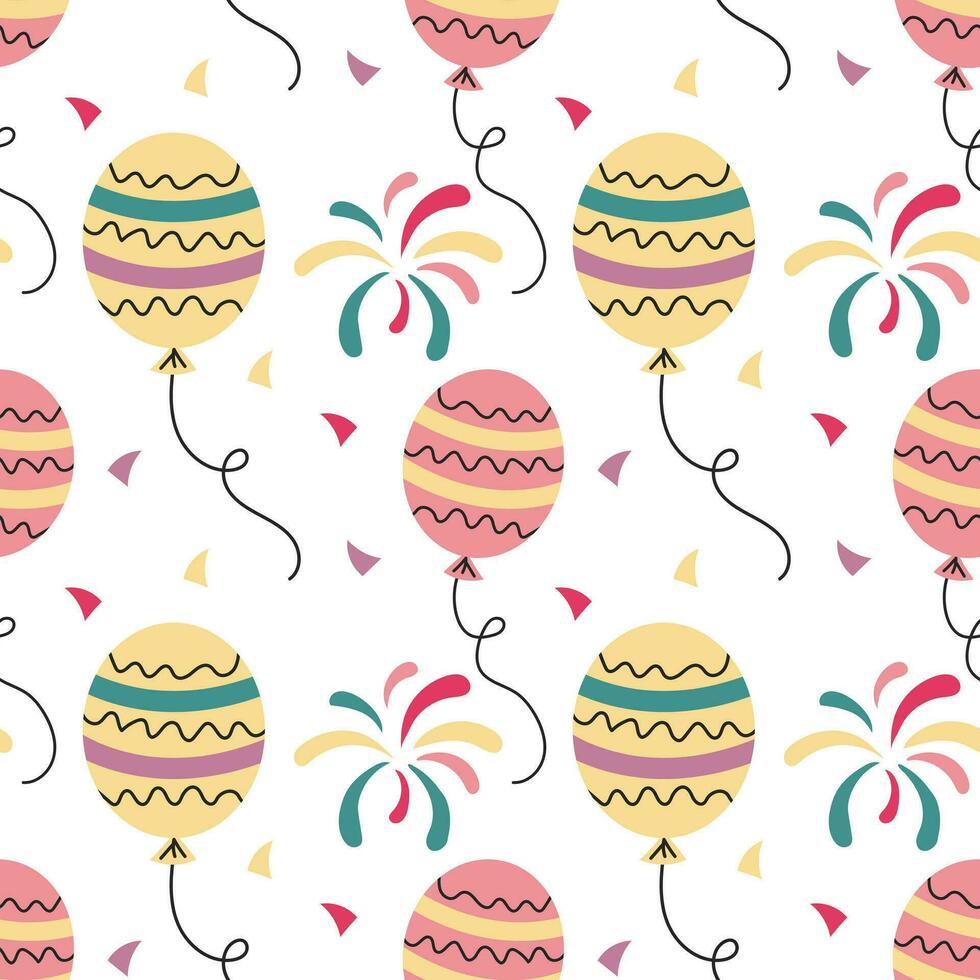 Festive seamless pattern, balloons, fireworks and confetti. Festive background, print, vector