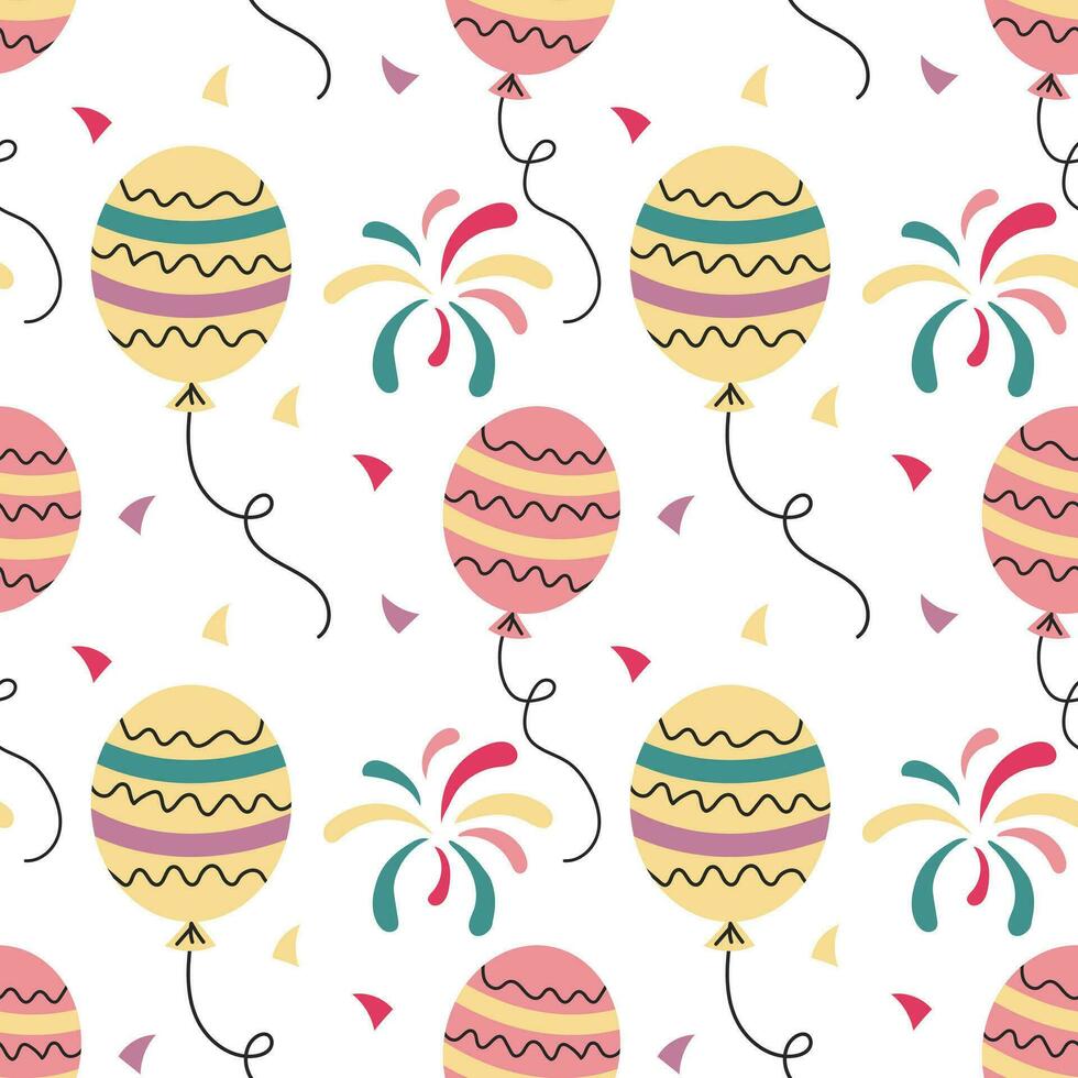 Festive seamless pattern, balloons, fireworks and confetti. Festive background, print, vector