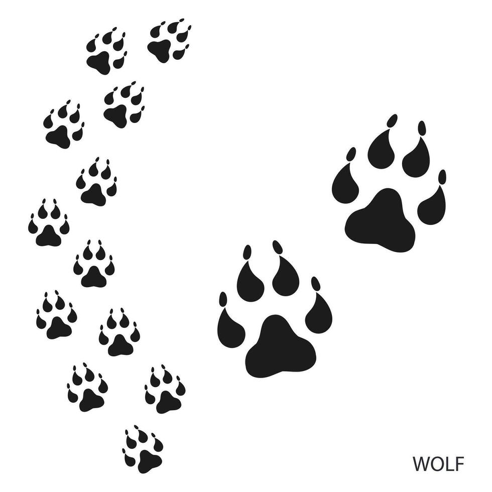 Paw prints, animal tracks, wolf footprints pattern. Icon and track of footprints. Black silhouette. Vector