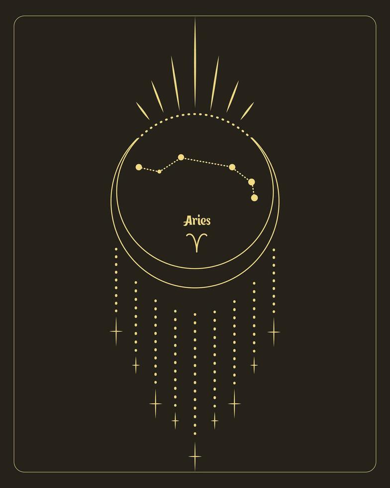 Magic astrology poster with Aries constellation, tarot card. Golden design on a black background. Vertical illustration, vector