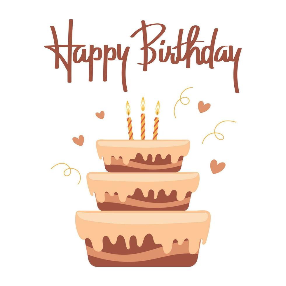 Happy birthday card with cake, candles and calligraphic lettering. Holiday illustration in flat style. Vector