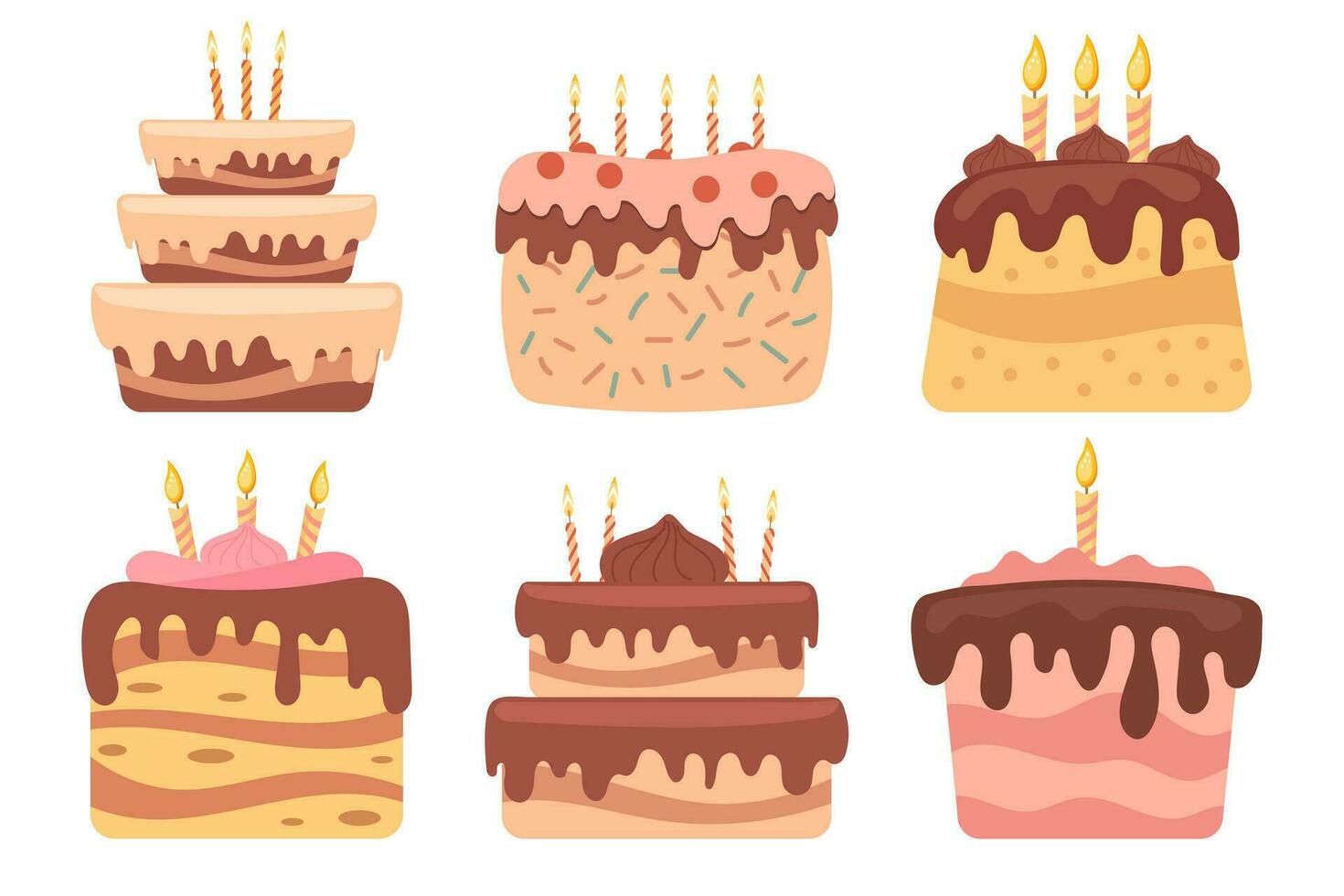 Delicious desserts, pastries, cupcakes, birthday cakes with holiday candles. Set of colorful cartoon illustrations. Vector