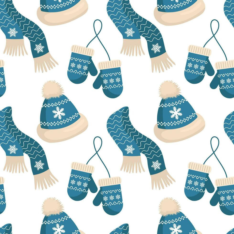 Knitted hats mittens and scarves with snowflake ornament on a white background. Christmas print, background, vector