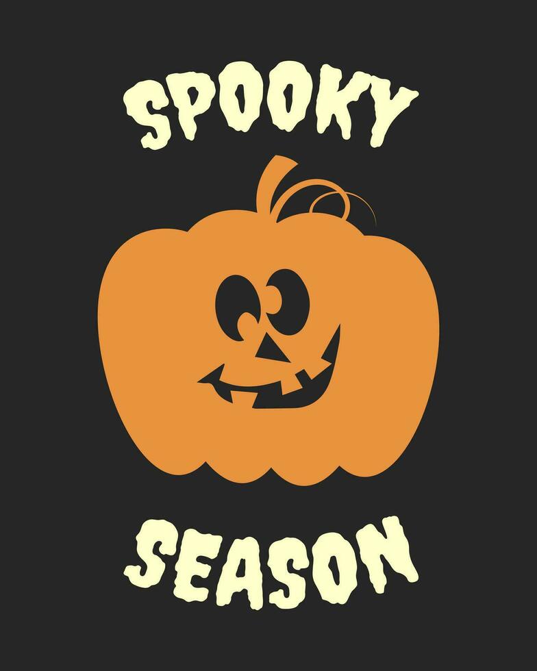 calabaza aterradora y texto de temporada espeluznante sobre fondo oscuro. impresión de halloween, vector