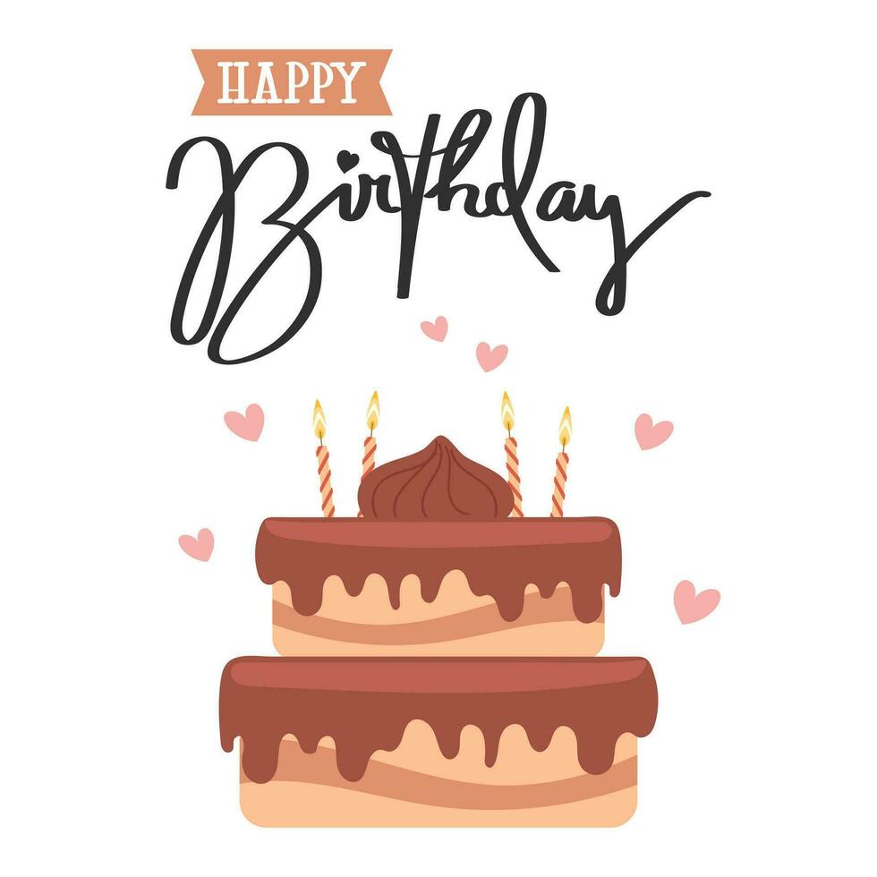 contento cumpleaños tarjeta con pastel, velas y caligráfico letras. fiesta ilustración en plano estilo. vector